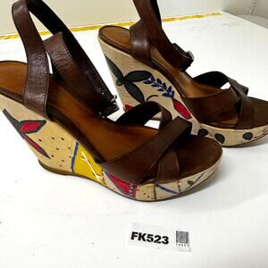 ALDO Brown Leather Wedge Sandals Hand Painted Platform Ankle Strap Size 5
